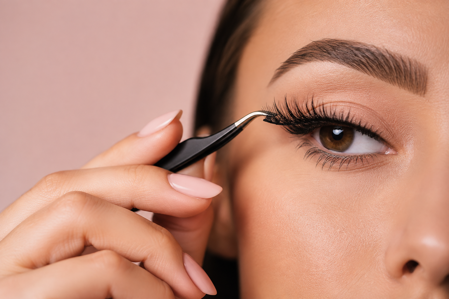 Close-up of a woman applying a wispy false lash with a precision applicator